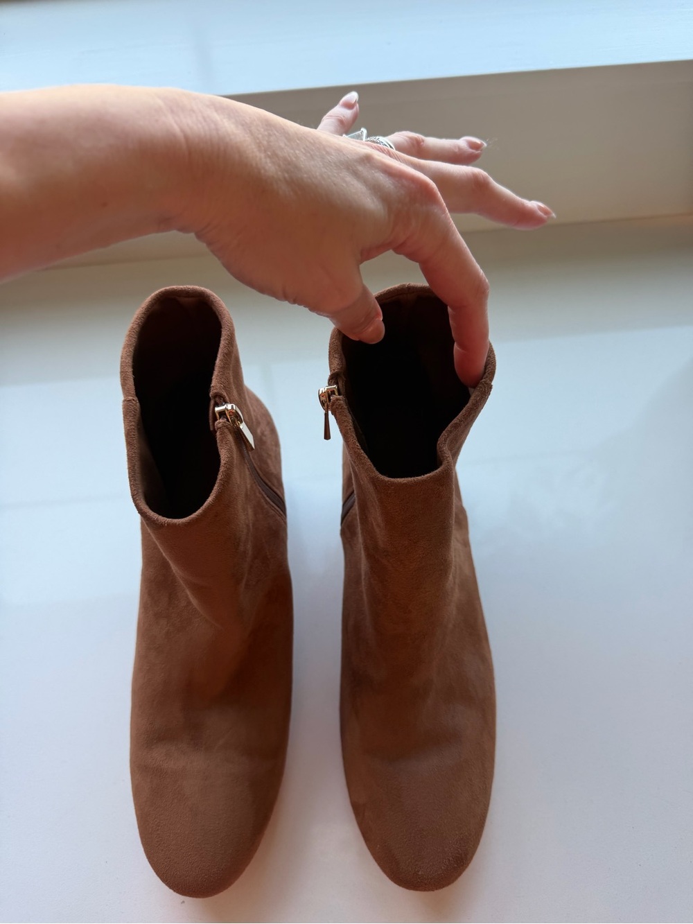 Brown Suede Ankle Boots with Block Heel - Women's - Picture 2 of 6